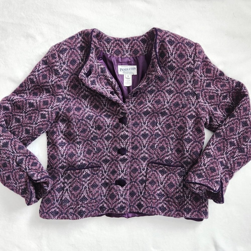 Vintage Pendleton Purple Virgin Wool Blazer Velvet Buttons Cropped Jacket 12‎
